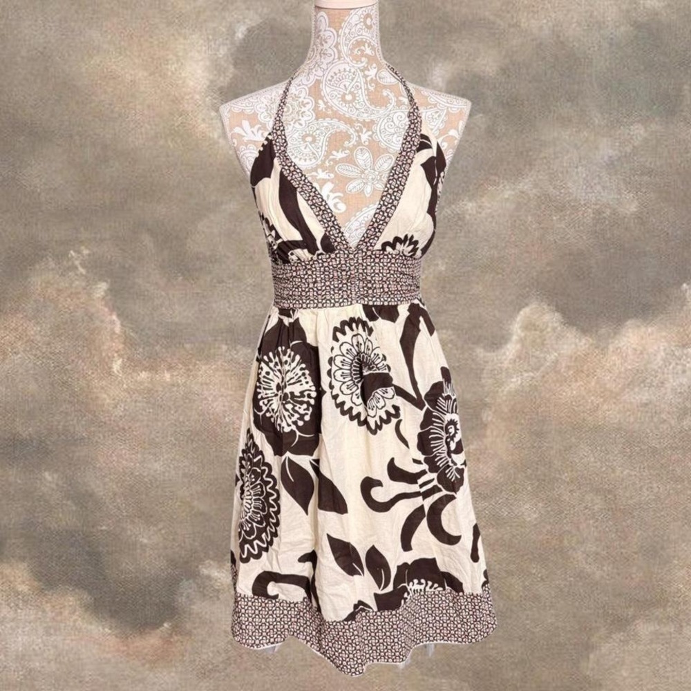 Y2K Floral Halter Dress Brown White Boho Print Summer Party Midi Size 7 - Picture 1 of 8